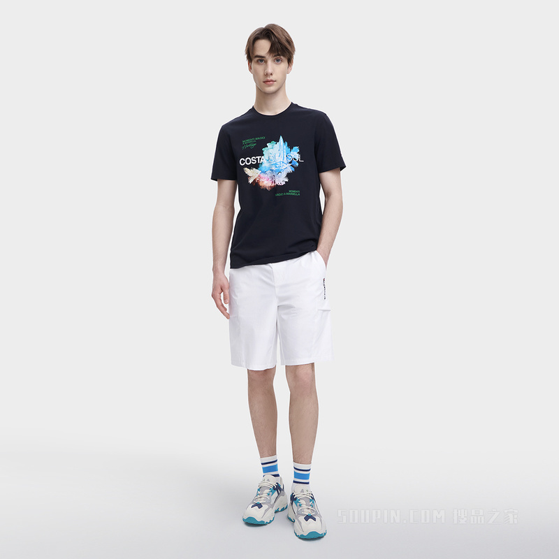 男子时尚休闲水彩图案圆领短袖T裇