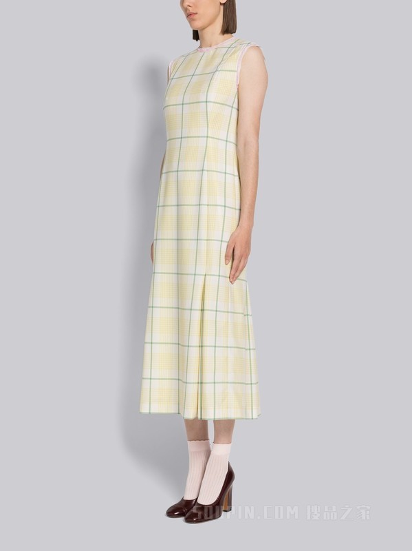 [2023早春新品]女士四条纹细格纹褶裥连衣裙