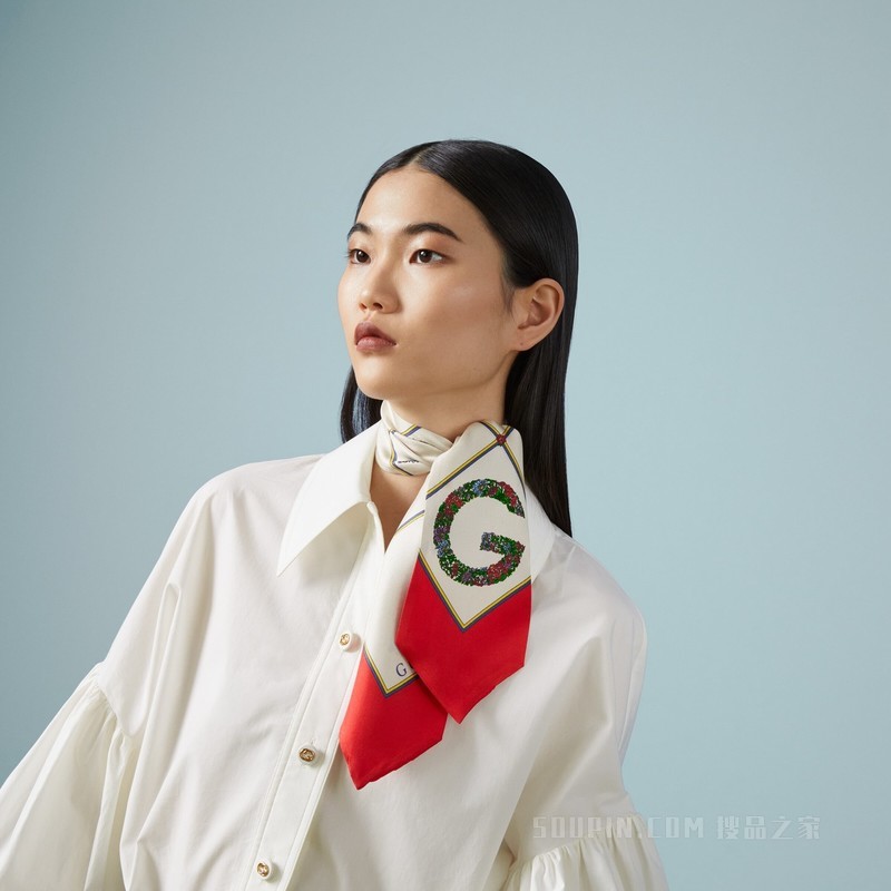 Gucci印花真丝领结 象牙白和红色