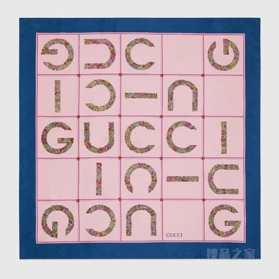 Gucci印花真丝斜纹方巾 粉色和蓝色