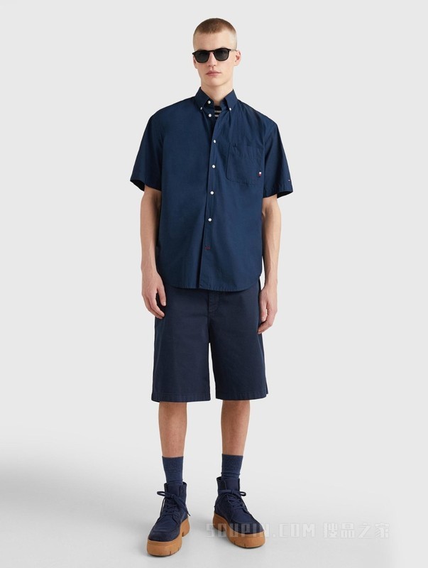 23新款春夏男装纯棉休闲通勤尖角扣纯色短袖衬衫MW0MW30901