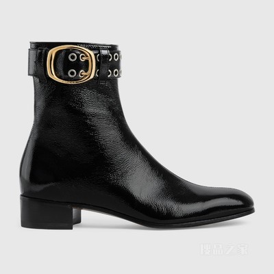 男士搭扣靴 黑色漆皮