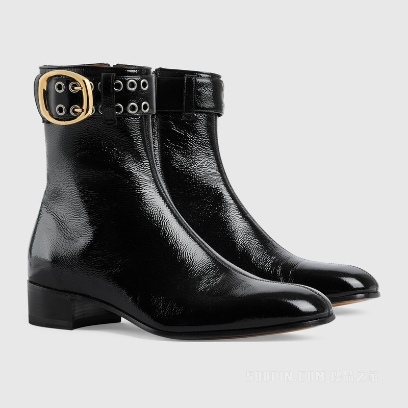 男士搭扣靴 黑色漆皮
