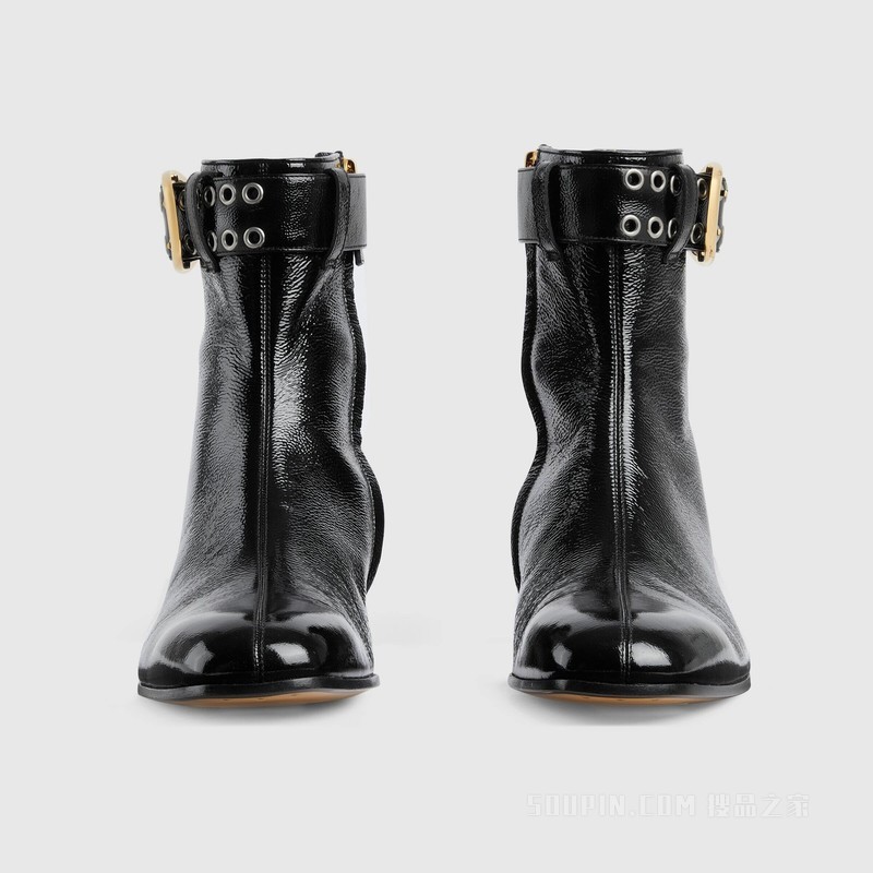 男士搭扣靴 黑色漆皮