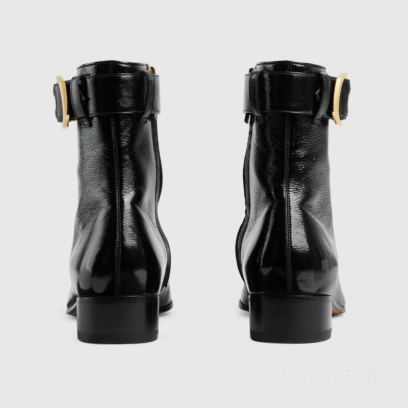 男士搭扣靴 黑色漆皮