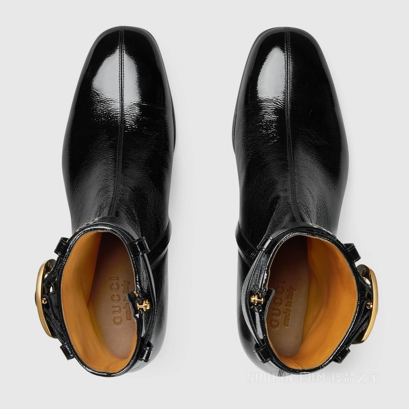 男士搭扣靴 黑色漆皮