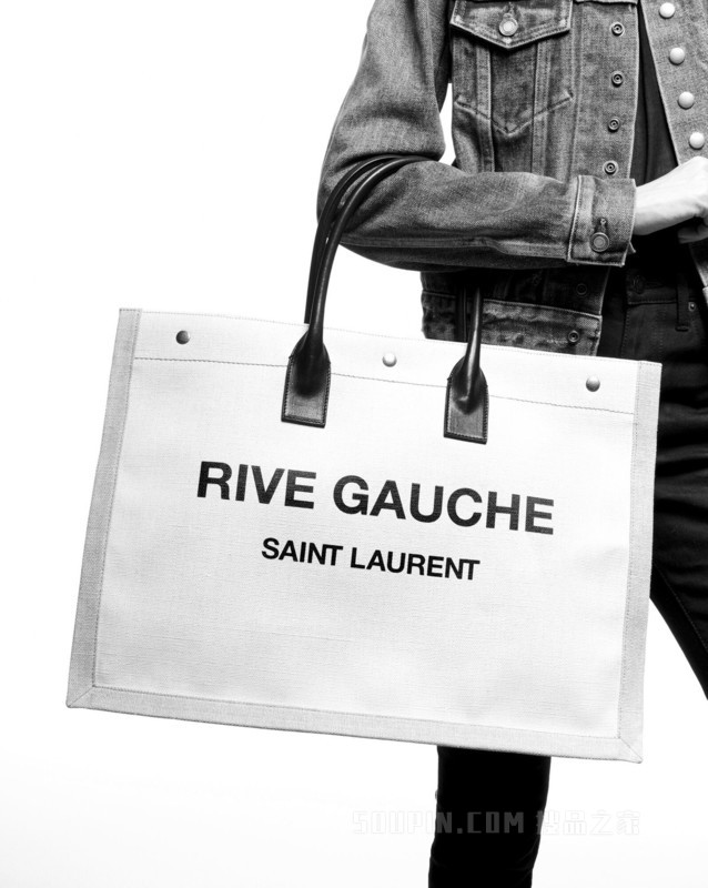 rive gauche白色亚麻和黑色真皮手提袋