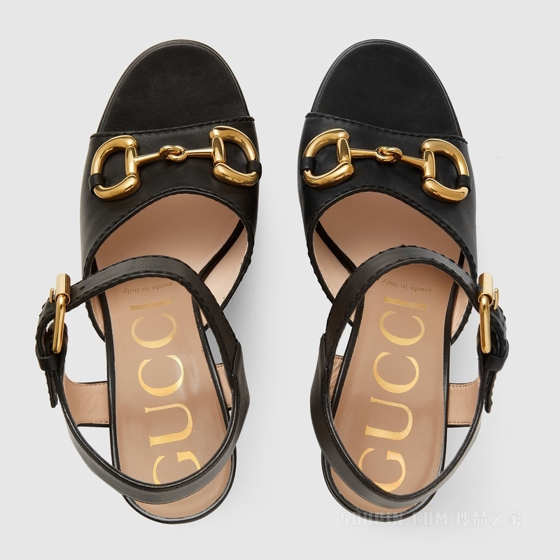 饰马衔扣女士防水台凉鞋 黑色皮革