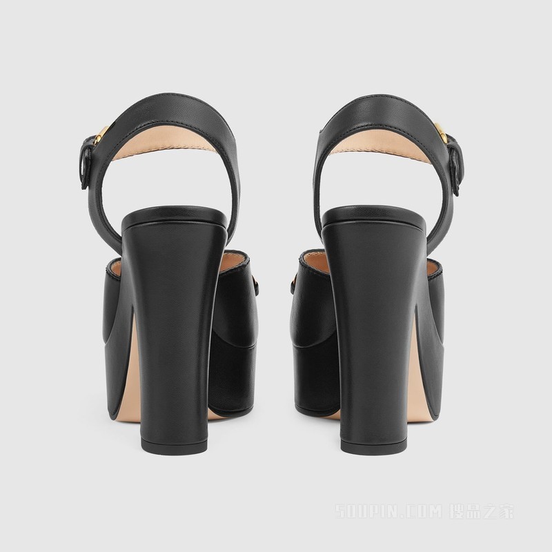 饰马衔扣女士防水台凉鞋 黑色皮革