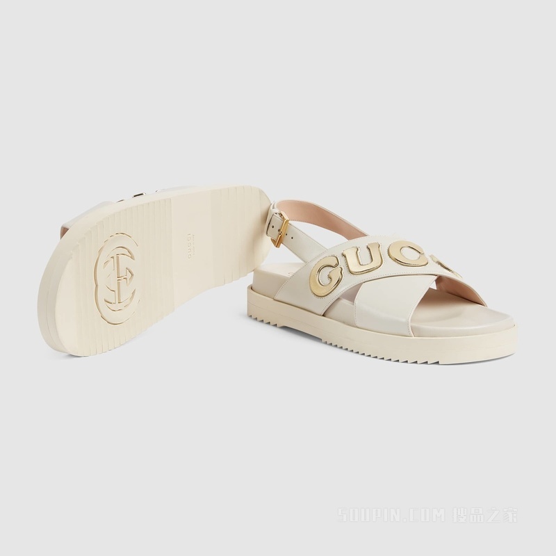 Gucci女士凉鞋 白色和金属质感金色皮革