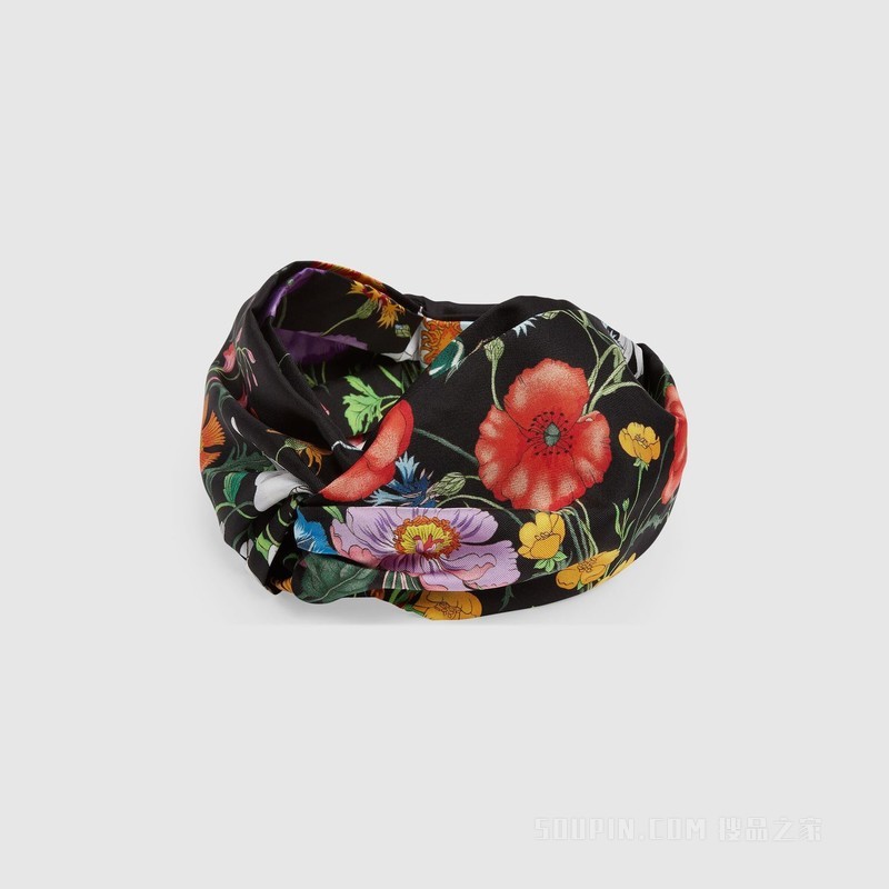 花卉印花真丝发带 黑色和多色