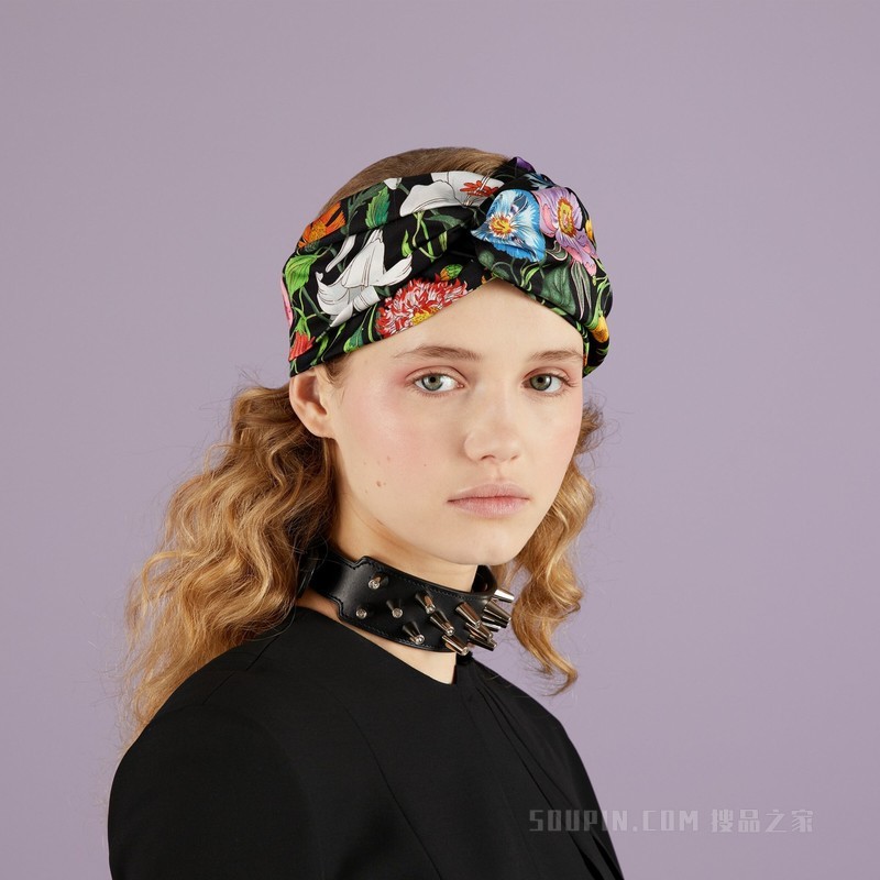 花卉印花真丝发带 黑色和多色