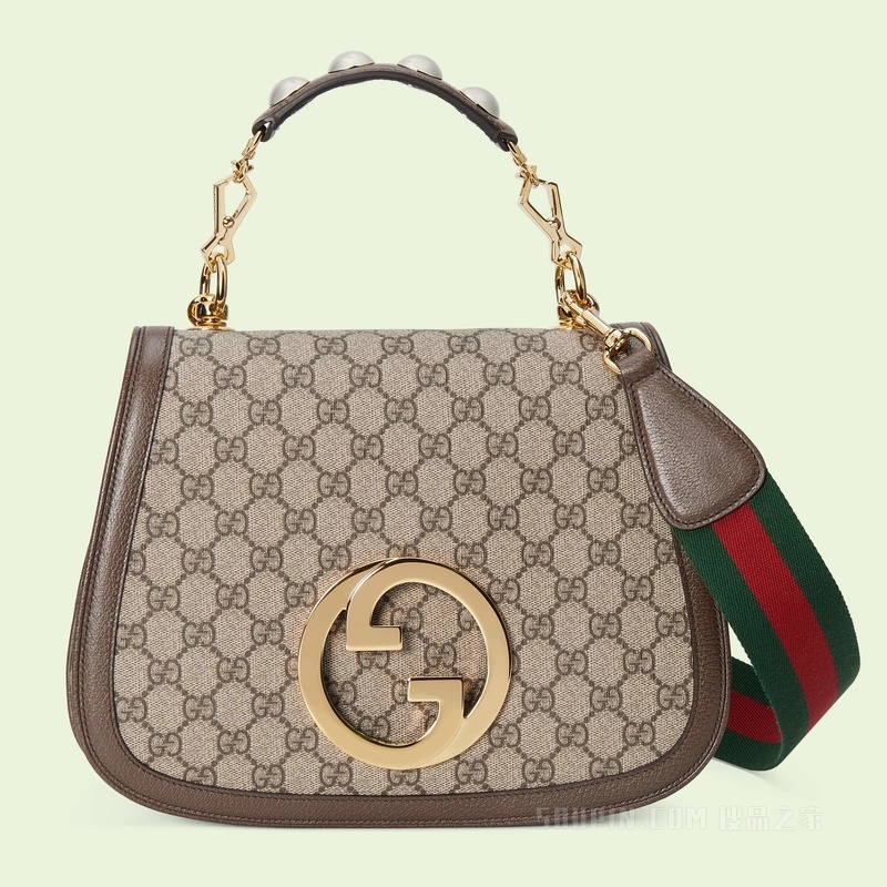 Gucci Blondie系列中号手提包 米色和乌木色GG Supreme帆布