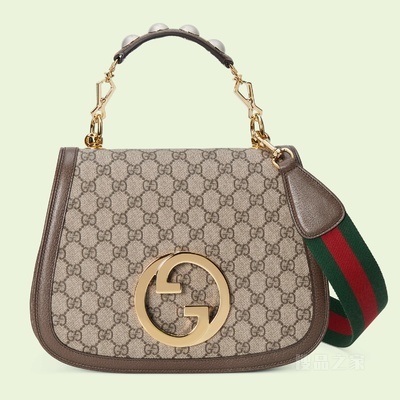 Gucci Blondie系列中号手提包 米色和乌木色GG Supreme帆布