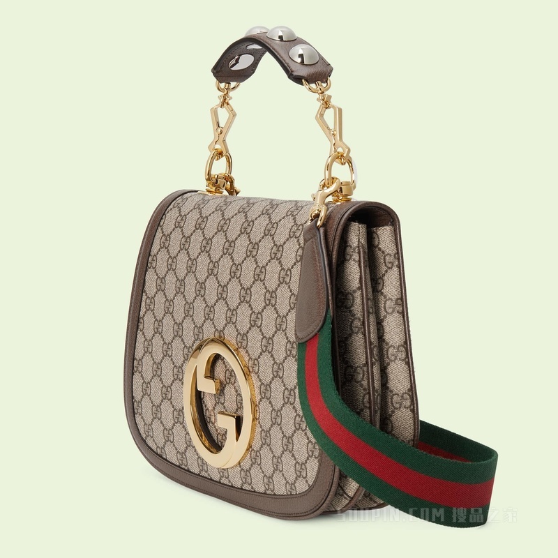 Gucci Blondie系列中号手提包 米色和乌木色GG Supreme帆布