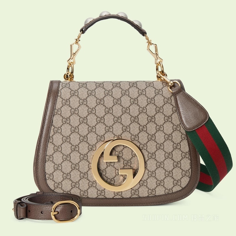 Gucci Blondie系列中号手提包 米色和乌木色GG Supreme帆布