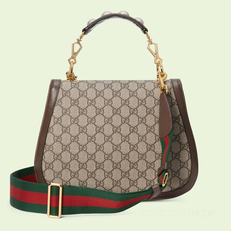 Gucci Blondie系列中号手提包 米色和乌木色GG Supreme帆布