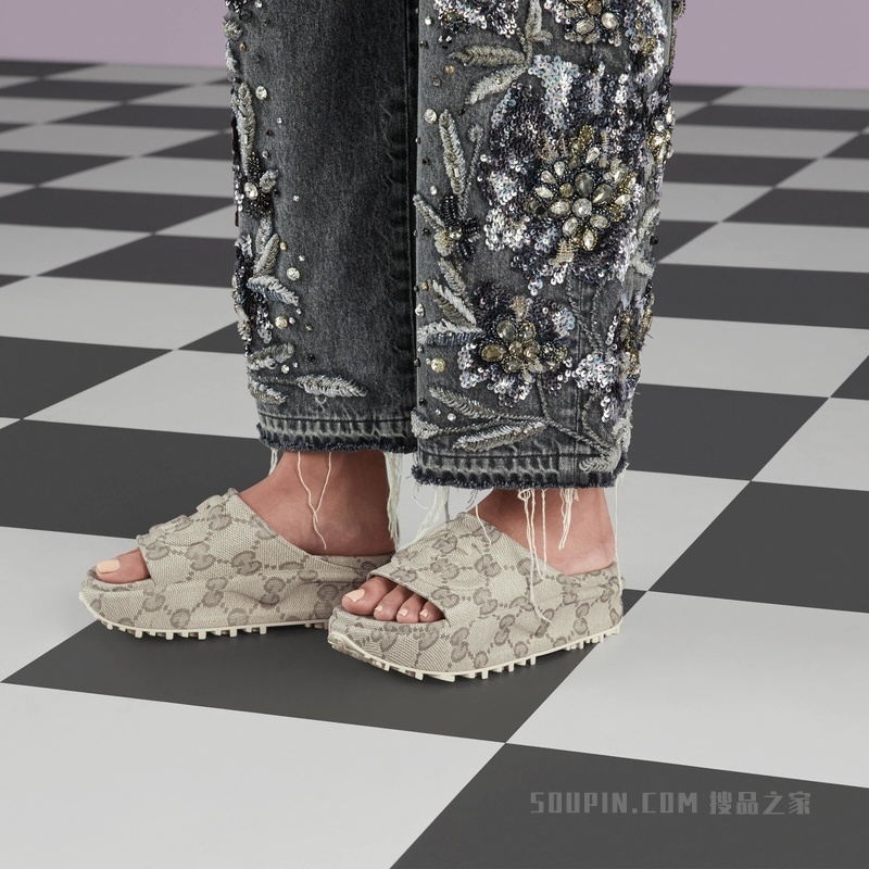 女士互扣式双G拖鞋 米色和乌木色