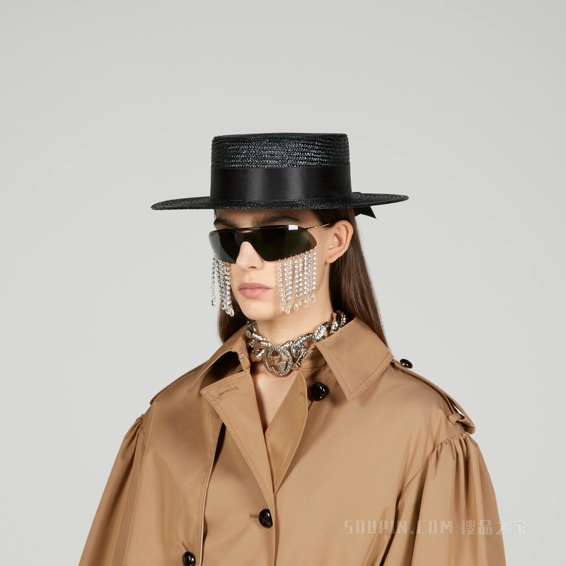 饰蝴蝶结草编帽 黑色