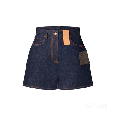 Indigo Blue Denim Monogram Patch Shorts