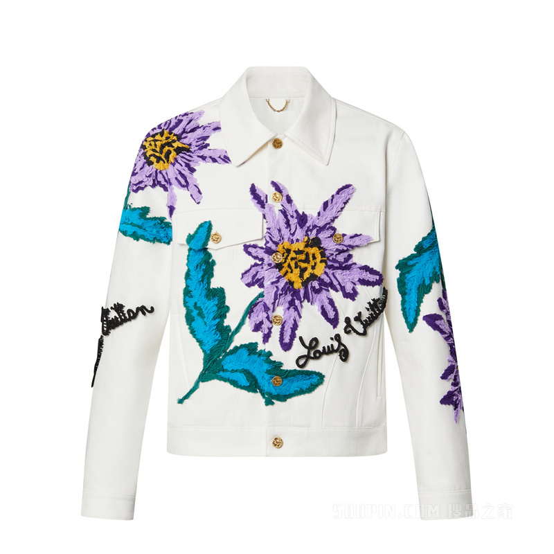 蓟图案刺绣波浪线条牛仔夹克