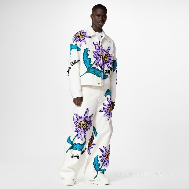 蓟图案刺绣波浪线条牛仔夹克