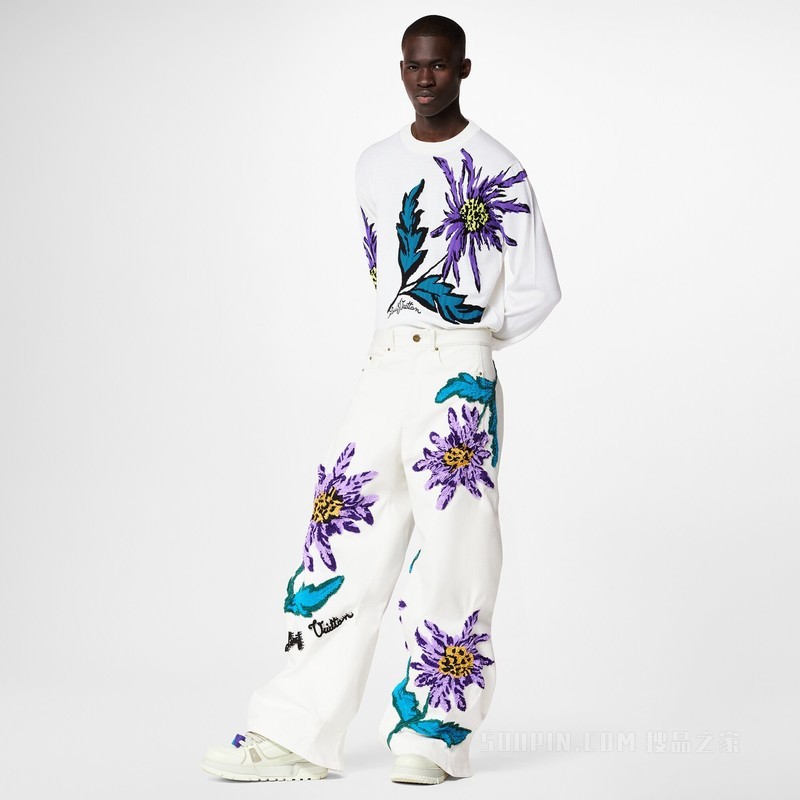 蓟图案刺绣波浪线条牛仔裤