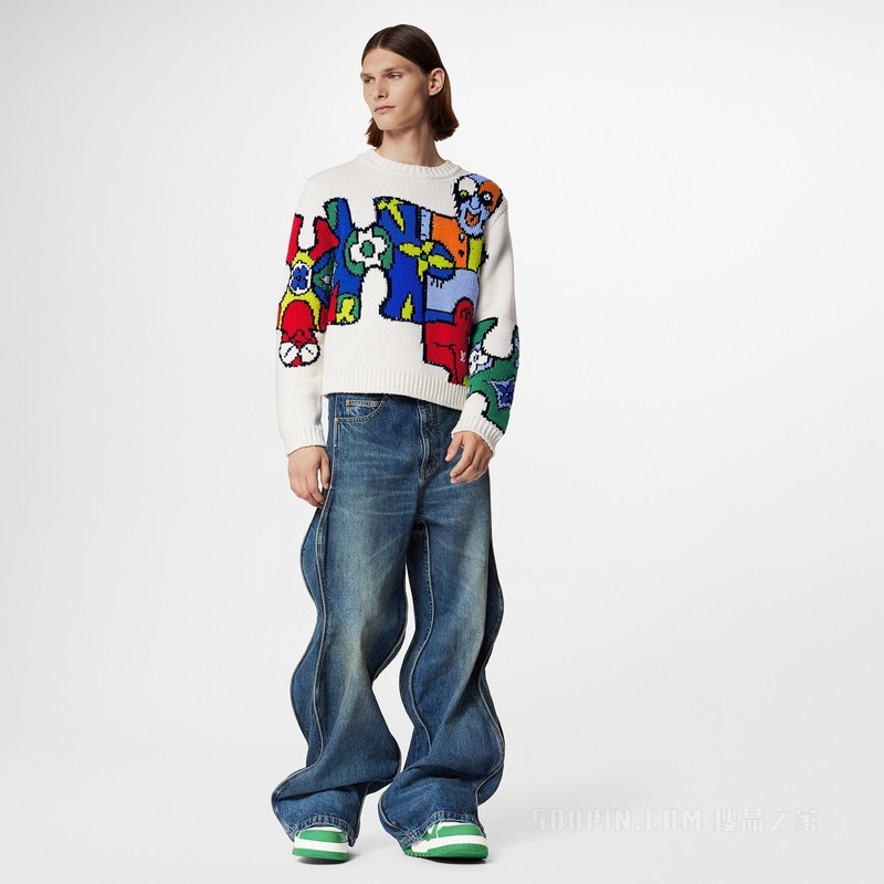 波浪线条水洗效果牛仔裤