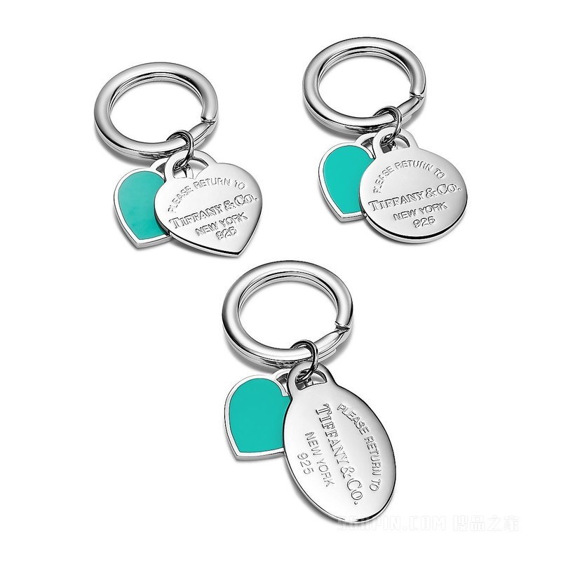 Return to Tiffany™ 系列纯银 Tiffany Blue® 蒂芙尼蓝色 Round and Heart Tag 钥匙扣