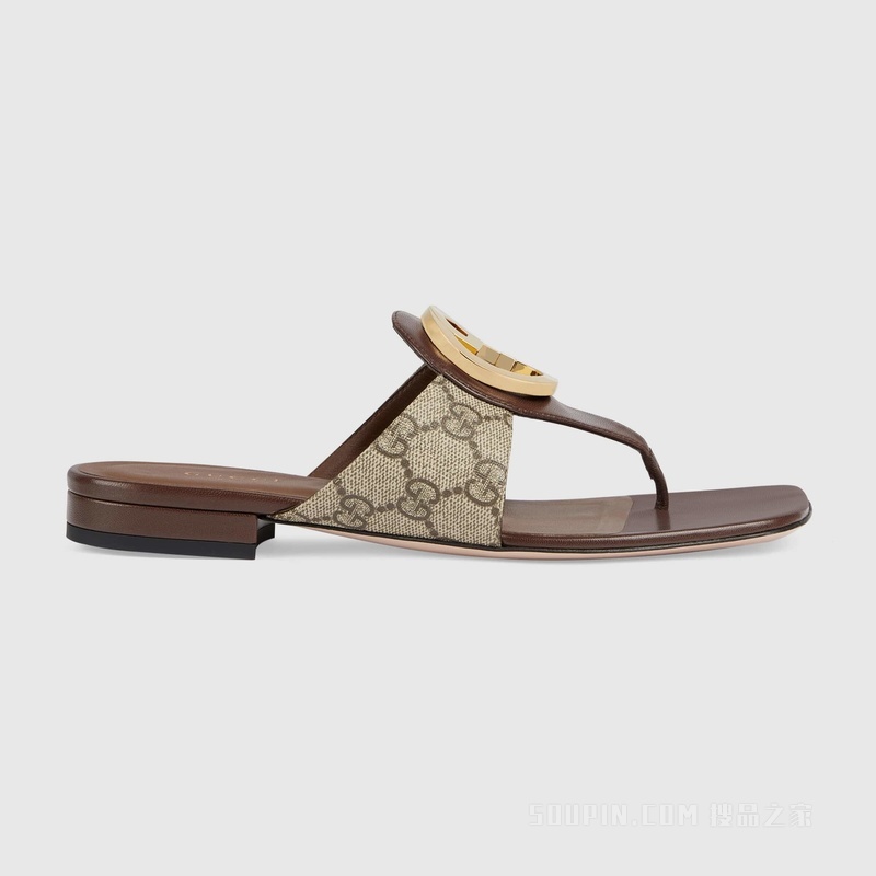 Gucci Blondie系列女士夹趾凉鞋 米色和乌木色GG Supreme帆布