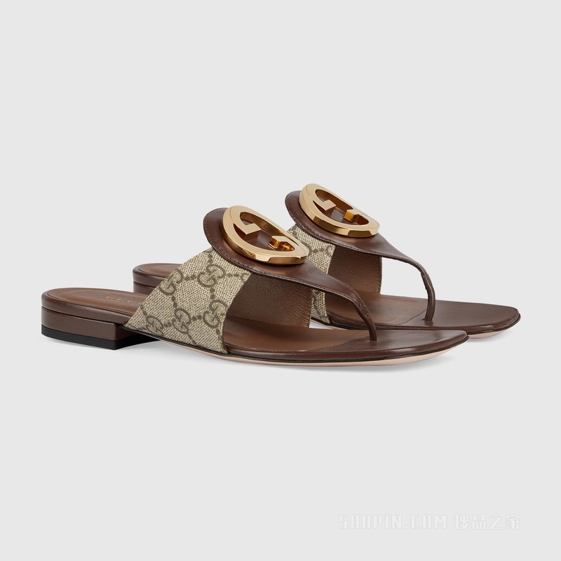 Gucci Blondie系列女士夹趾凉鞋 米色和乌木色GG Supreme帆布