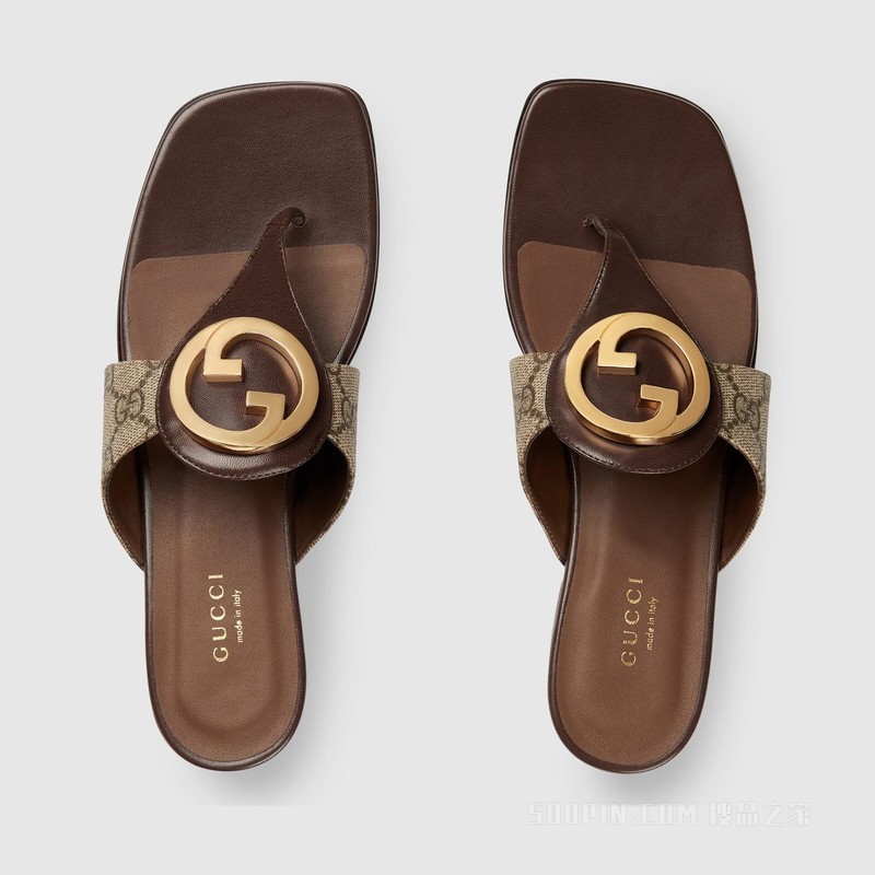 Gucci Blondie系列女士夹趾凉鞋 米色和乌木色GG Supreme帆布