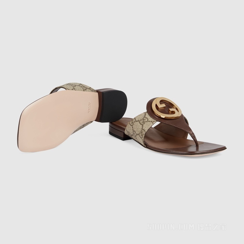 Gucci Blondie系列女士夹趾凉鞋 米色和乌木色GG Supreme帆布