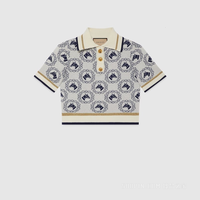 马术棉质提花Polo衫 白色和蓝色