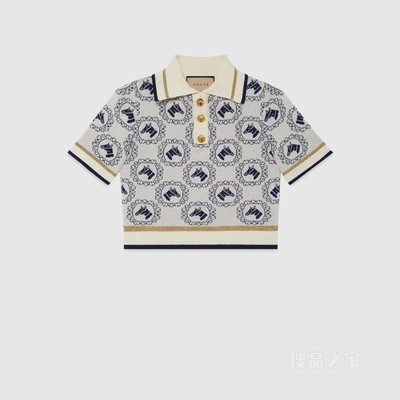 马术棉质提花Polo衫 白色和蓝色