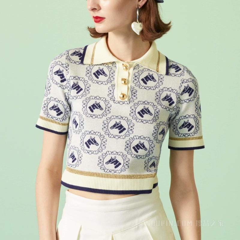 马术棉质提花Polo衫 白色和蓝色