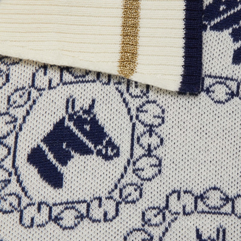 马术棉质提花Polo衫 白色和蓝色