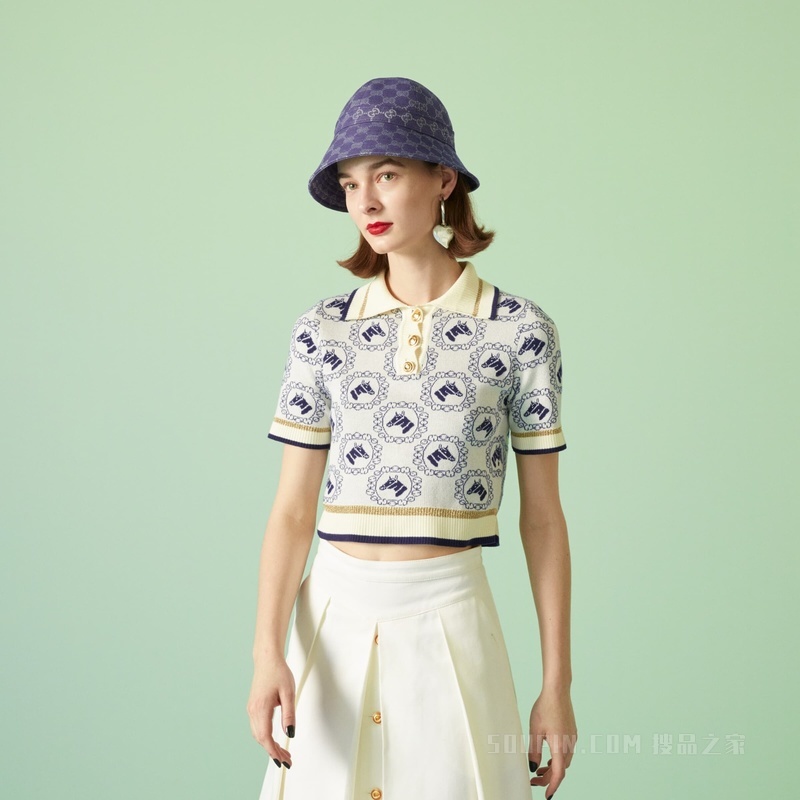 马术棉质提花Polo衫 白色和蓝色