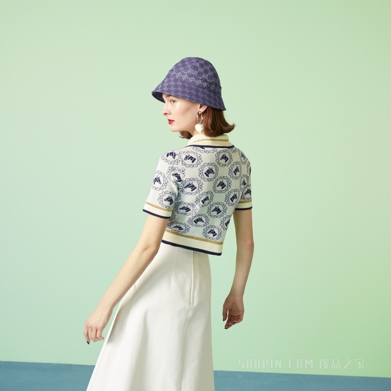 马术棉质提花Polo衫 白色和蓝色