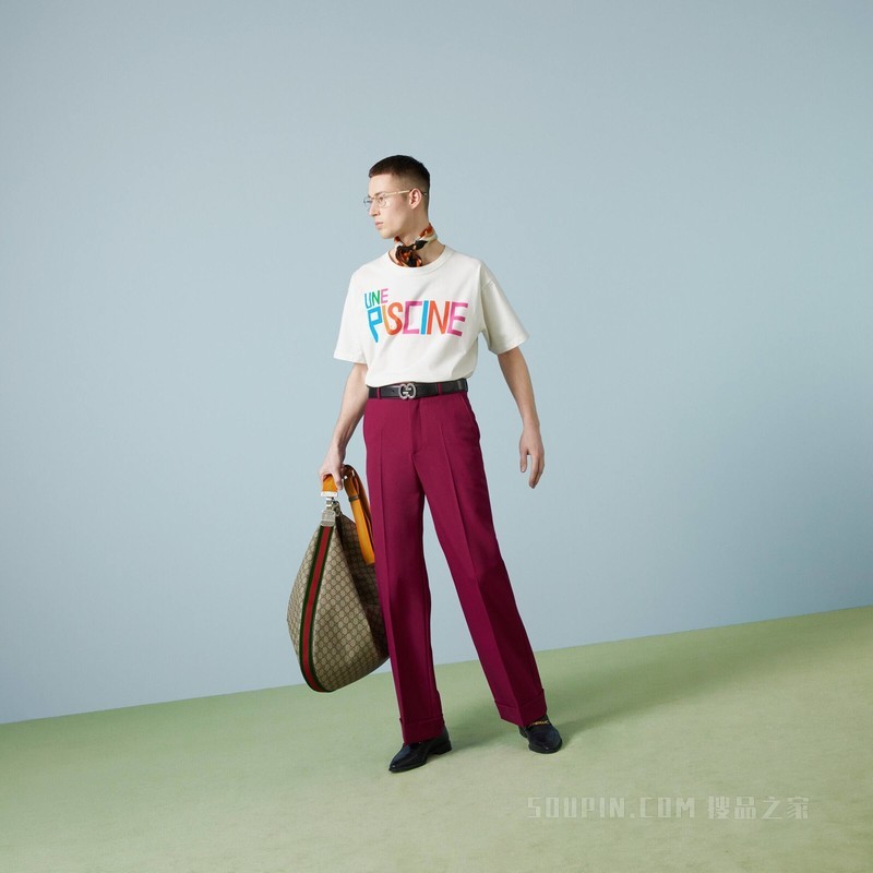 饰印花针织棉T恤 象牙白色