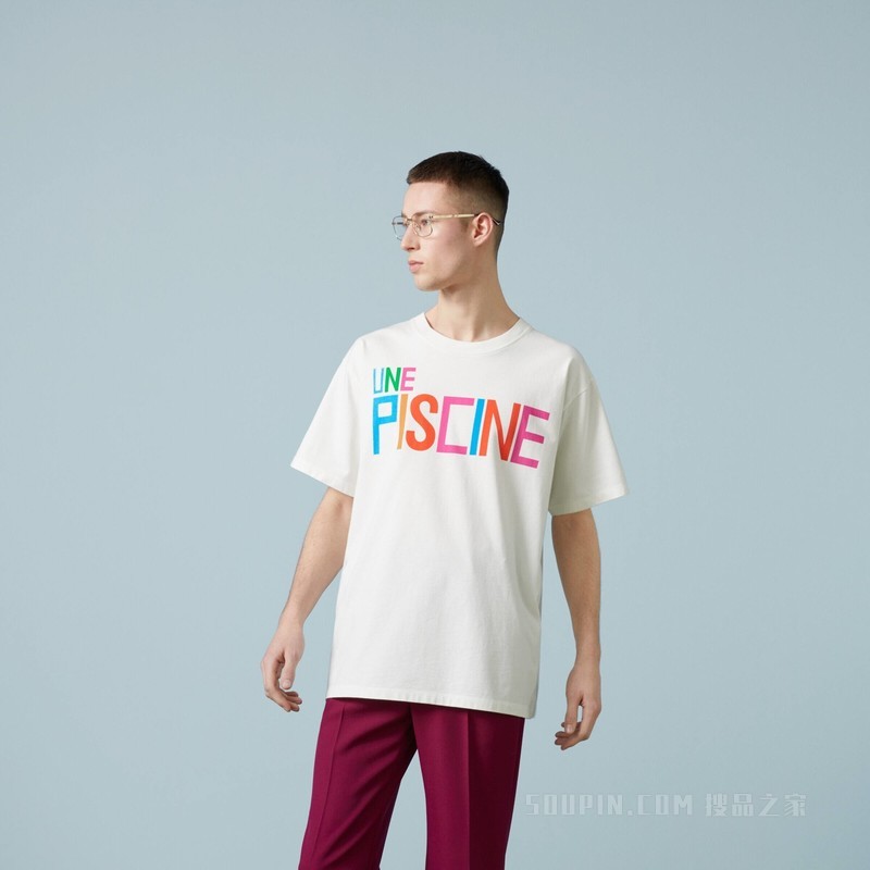 饰印花针织棉T恤 象牙白色