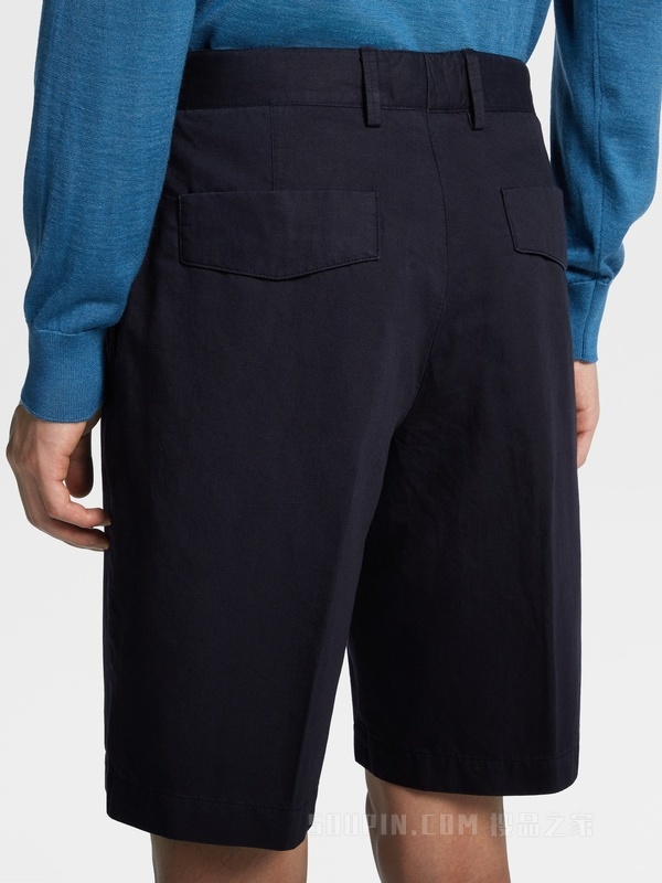 海军蓝棉及亚麻夏季斜纹短裤