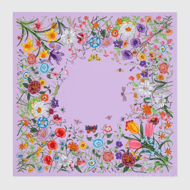 花卉印花真丝方巾 紫色和彩色