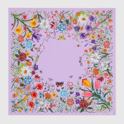 花卉印花真丝方巾 紫色和彩色