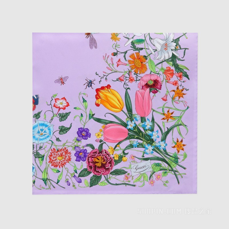 花卉印花真丝方巾 紫色和彩色