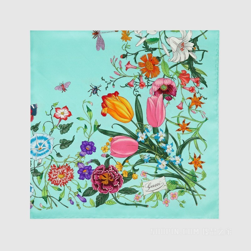 花卉印花真丝方巾 绿色和多色
