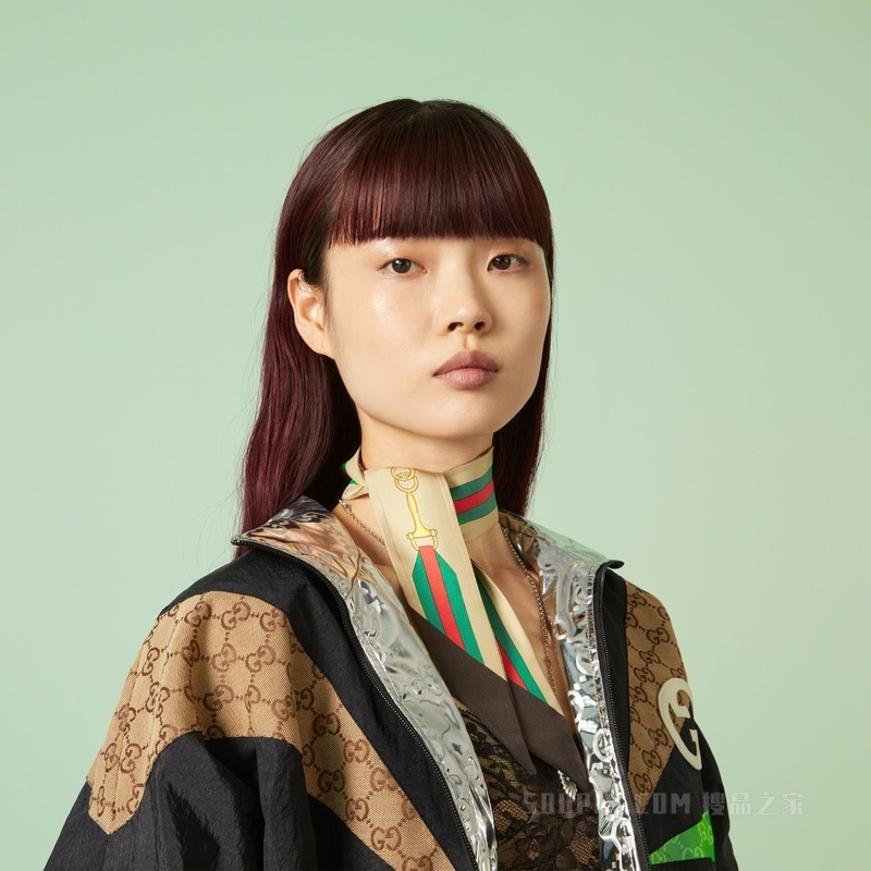 互扣式双G马衔扣织带印花真丝领结 棕色