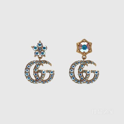 水晶双G耳环 古金色调金属
