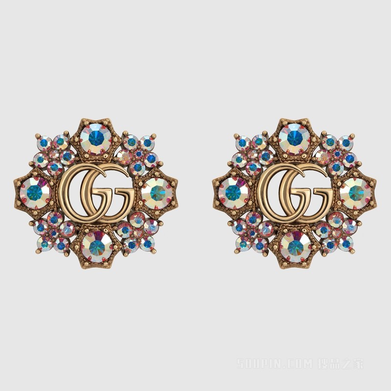 双G水晶花朵耳环 古金色调金属