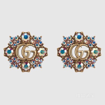 双G水晶花朵耳环 古金色调金属